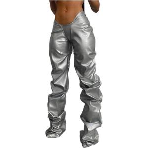 Women’s Stacked Faux Leather Pants, Low Waist Ruched Metallic Trouser