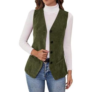 Women’s Vintage V Neck Corduroy Vests Sleeveless Button Down Cardigan Solid Color Casual Outerwear with Pockets(Army Green)
