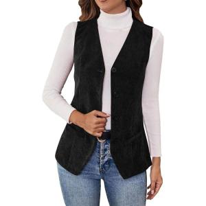 Women’s Vintage V Neck Corduroy Vests Sleeveless Button Down Cardigan Solid Color Casual Outerwear with Pockets(Black)