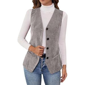 Women’s Vintage V Neck Corduroy Vests Sleeveless Button Down Cardigan Solid Color Casual Outerwear with Pockets(Gray)