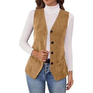 Women’s Vintage V Neck Corduroy Vests Sleeveless Button Down Cardigan Solid Color Casual Outerwear with Pockets(Khaki)
