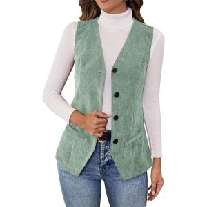 Women’s Vintage V Neck Corduroy Vests Sleeveless Button Down Cardigan Solid Color Casual Outerwear with Pockets(Mint Green)