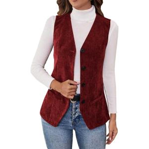 Women’s Vintage V Neck Corduroy Vests Sleeveless Button Down Cardigan Solid Color Casual Outerwear with Pockets(Red)