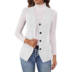 Women’s Vintage V Neck Corduroy Vests Sleeveless Button Down Cardigan Solid Color Casual Outerwear with Pockets(White)