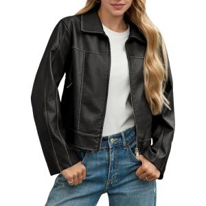 Yousify Womens Faux Leather Jacket Casual Zip Up Motorcycle Long Sleeve Collared Fall Cropped Coats with Pockets(Black)