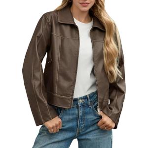 Yousify Womens Faux Leather Jacket Casual Zip Up Motorcycle Long Sleeve Collared Fall Cropped Coats with Pockets(Brown)
