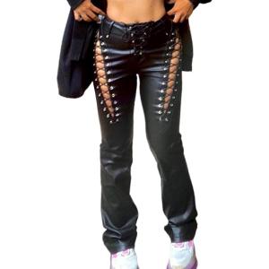 xxxiticat Women’s Lace Up PU Leather Pants Chic High Waist Hollow Out Drawstring Bandage Cut Out Faux Leather Trousers(Black)