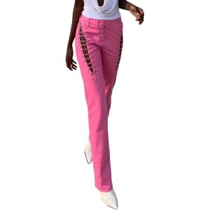 xxxiticat Women’s Lace Up PU Leather Pants Chic High Waist Hollow Out Drawstring Bandage Cut Out Faux Leather Trousers(Pink)
