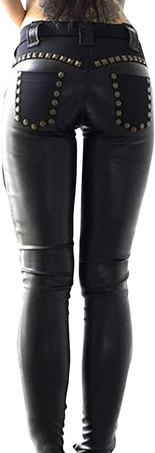 imagexxxiticat Womens Faux Leather Cross Pants High Waisted Rivet Lace Up Bandage PU Leather Patchwork Skinny Legging PantsBlack