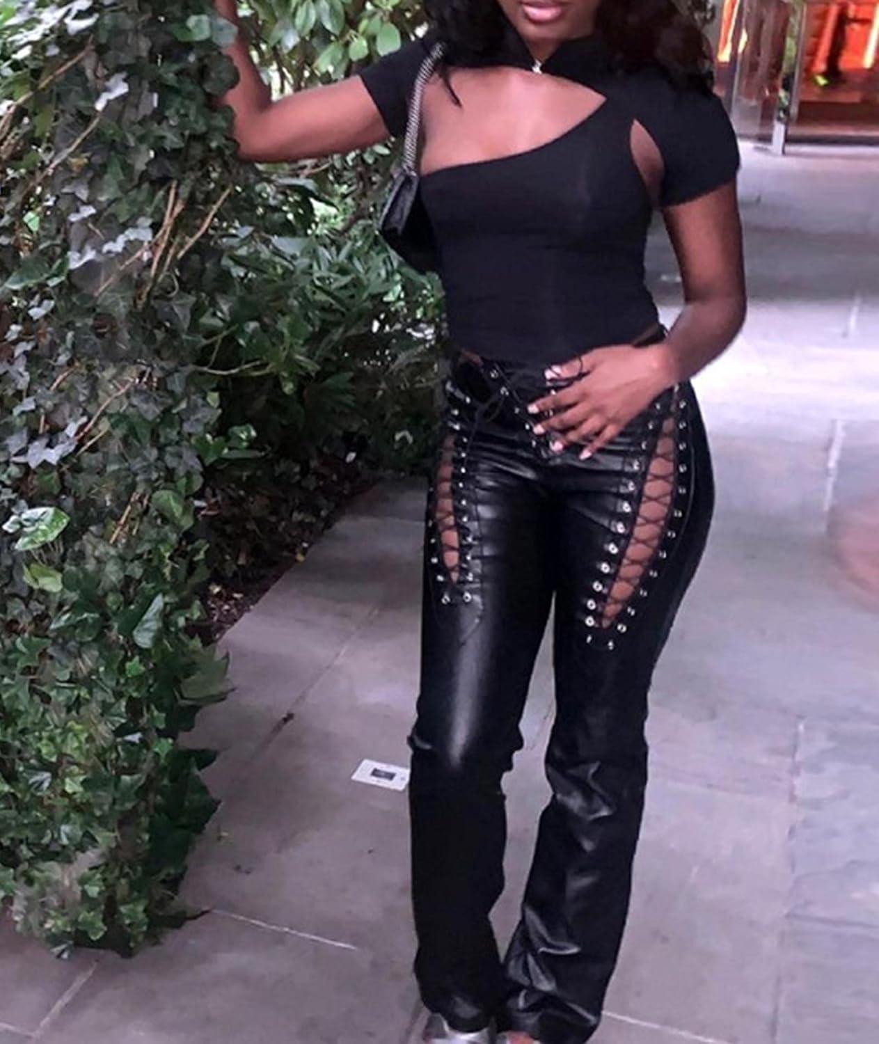 imagexxxiticat Womens Lace Up PU Leather Pants Chic High Waist Hollow Out Drawstring Bandage Cut Out Faux Leather TrousersBlack
