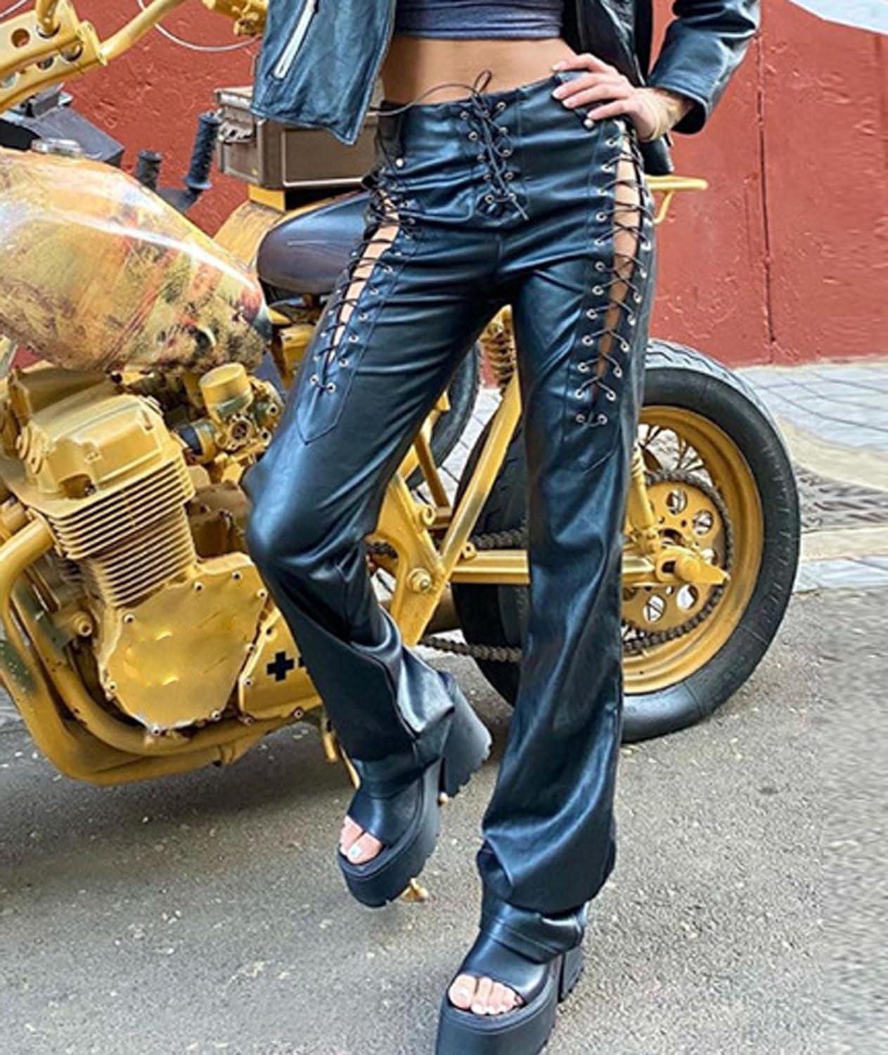 imagexxxiticat Womens Lace Up PU Leather Pants Chic High Waist Hollow Out Drawstring Bandage Cut Out Faux Leather TrousersBlack