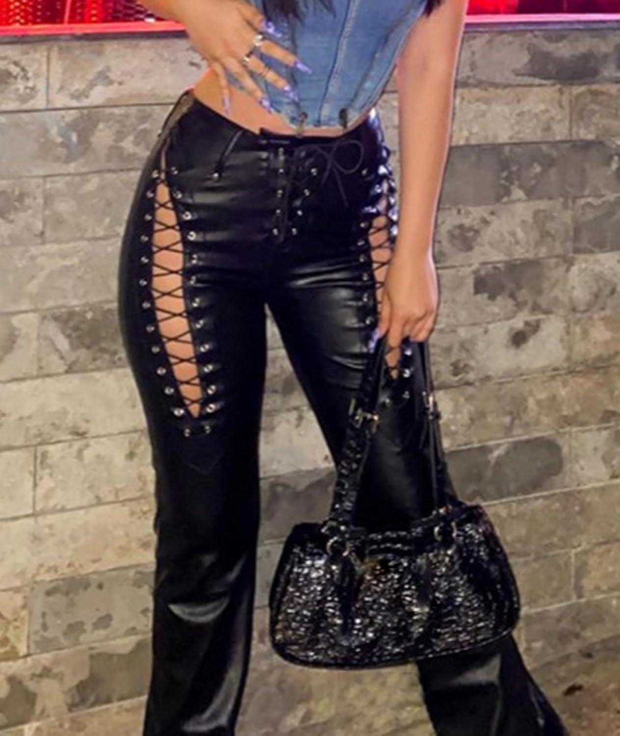 imagexxxiticat Womens Lace Up PU Leather Pants Chic High Waist Hollow Out Drawstring Bandage Cut Out Faux Leather TrousersBlack