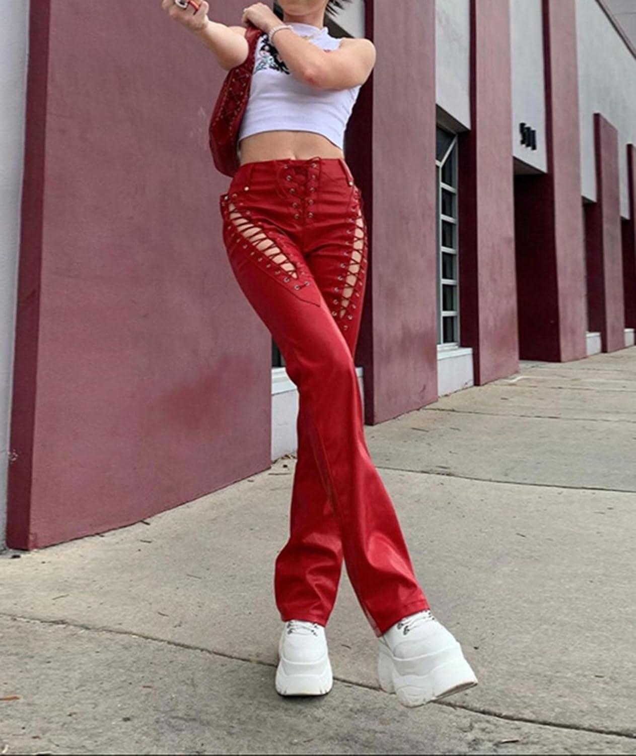 imagexxxiticat Womens Lace Up PU Leather Pants Chic High Waist Hollow Out Drawstring Bandage Cut Out Faux Leather TrousersRed