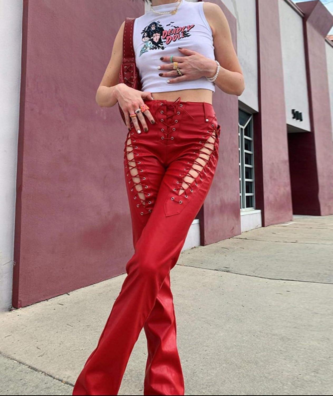 imagexxxiticat Womens Lace Up PU Leather Pants Chic High Waist Hollow Out Drawstring Bandage Cut Out Faux Leather TrousersRed