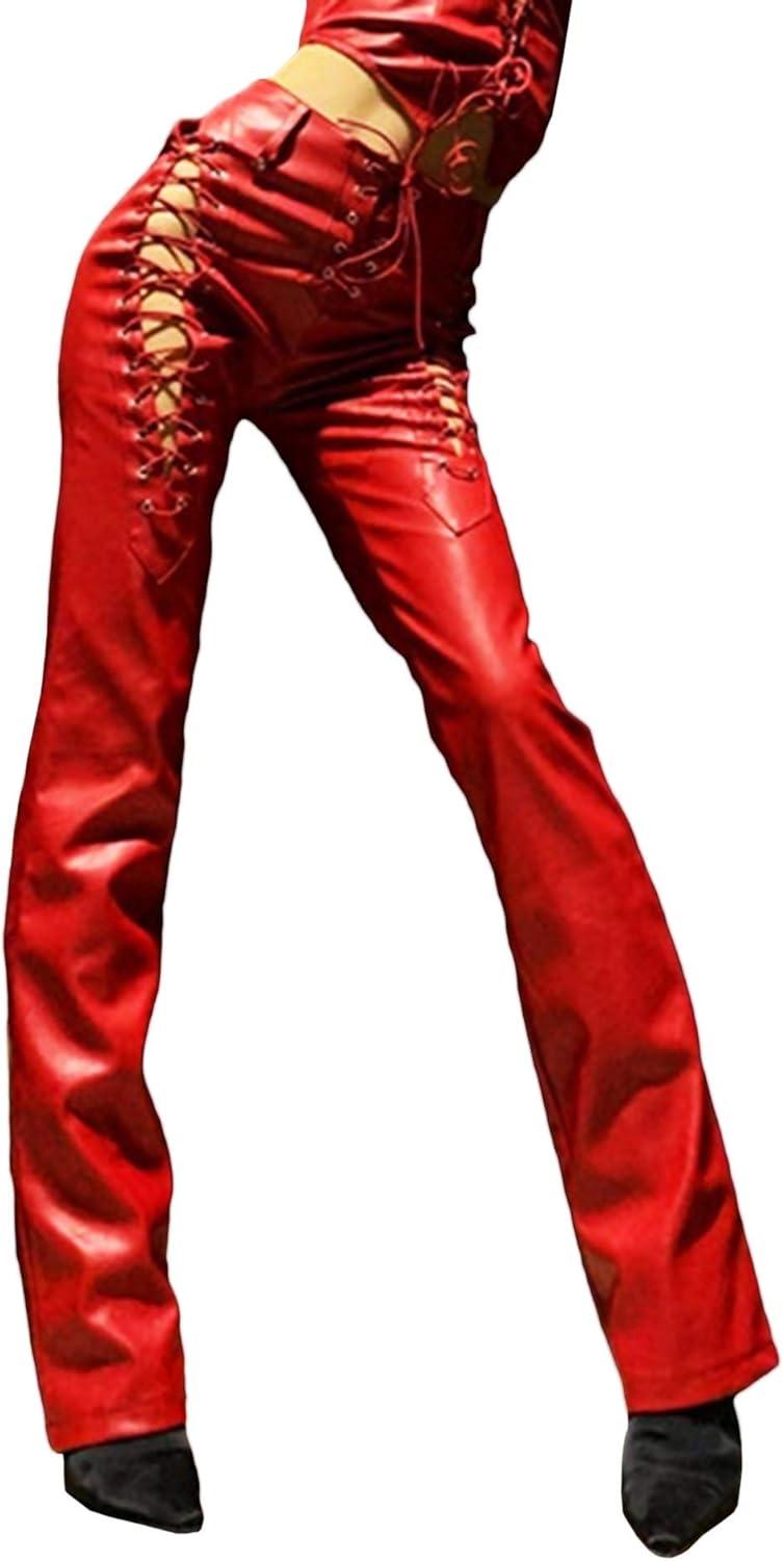 imagexxxiticat Womens Lace Up PU Leather Pants Chic High Waist Hollow Out Drawstring Bandage Cut Out Faux Leather TrousersRed