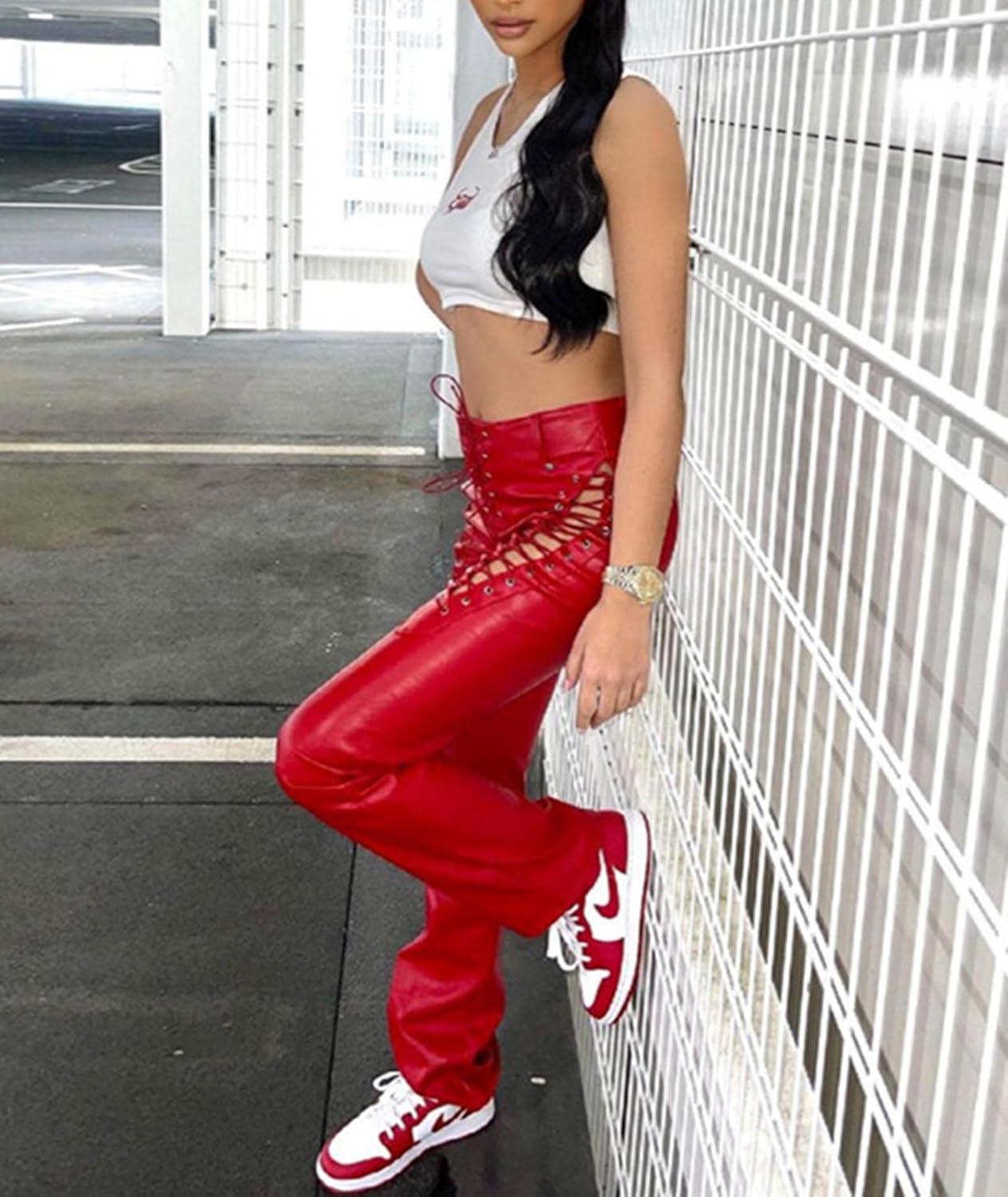 imagexxxiticat Womens Lace Up PU Leather Pants Chic High Waist Hollow Out Drawstring Bandage Cut Out Faux Leather TrousersRed