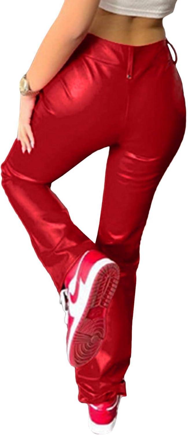 imagexxxiticat Womens Lace Up PU Leather Pants Chic High Waist Hollow Out Drawstring Bandage Cut Out Faux Leather TrousersRed