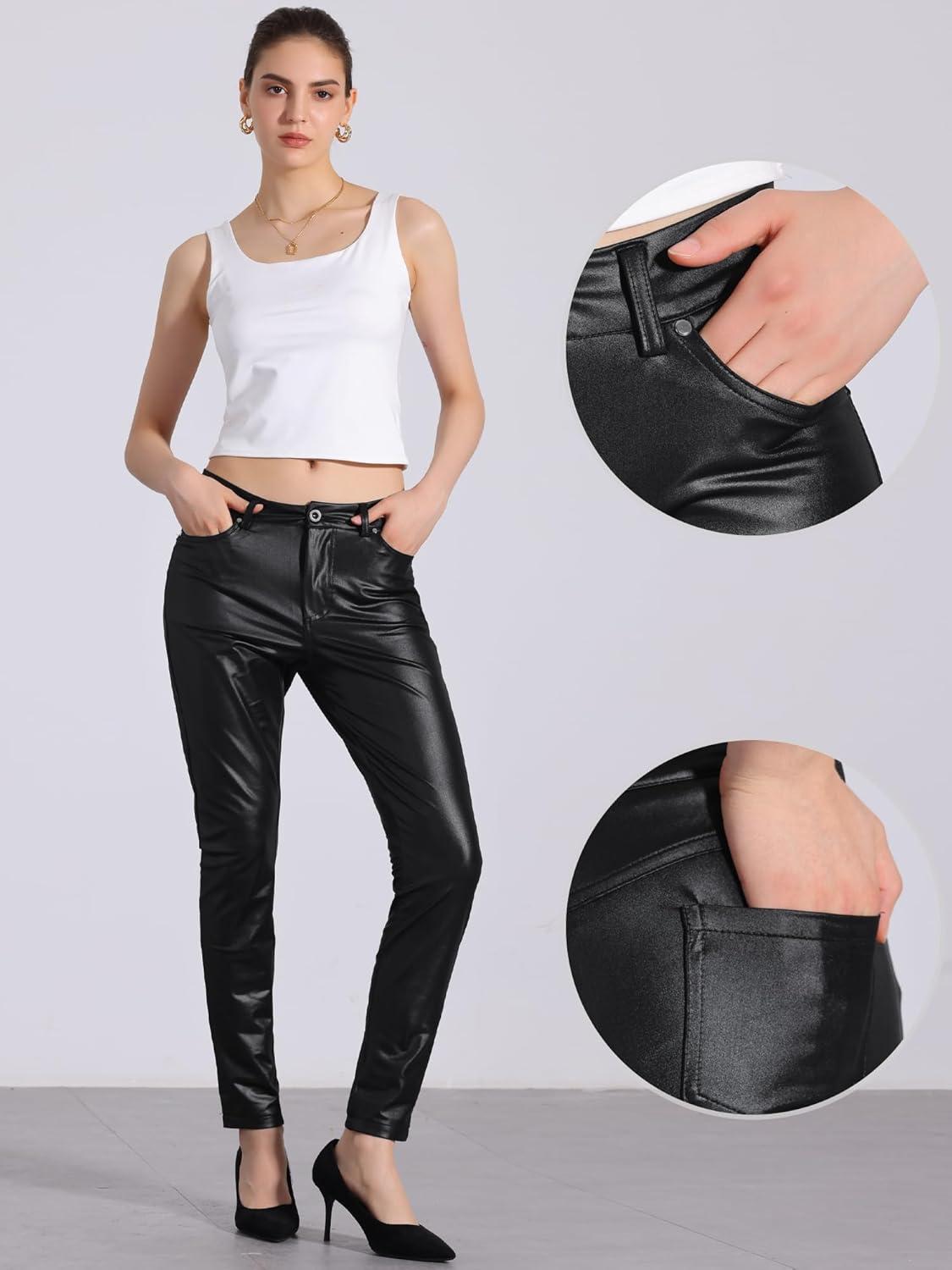 imageAllegra K Faux Leather Pants for Womens High Waist Stretch Slim Fit Motorcycle Legging PantsBlack