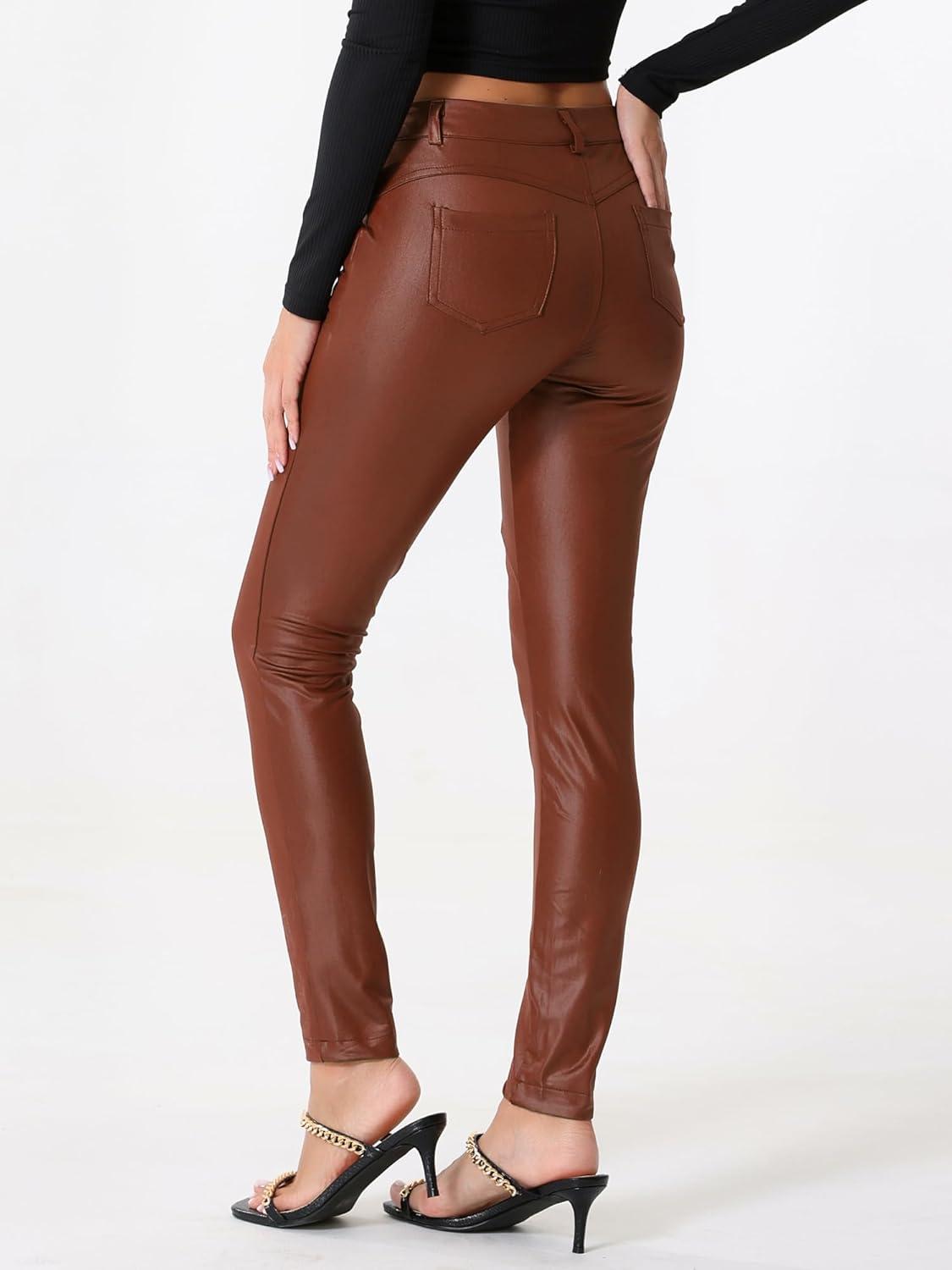 imageAllegra K Faux Leather Pants for Womens High Waist Stretch Slim Fit Motorcycle Legging PantsBrown