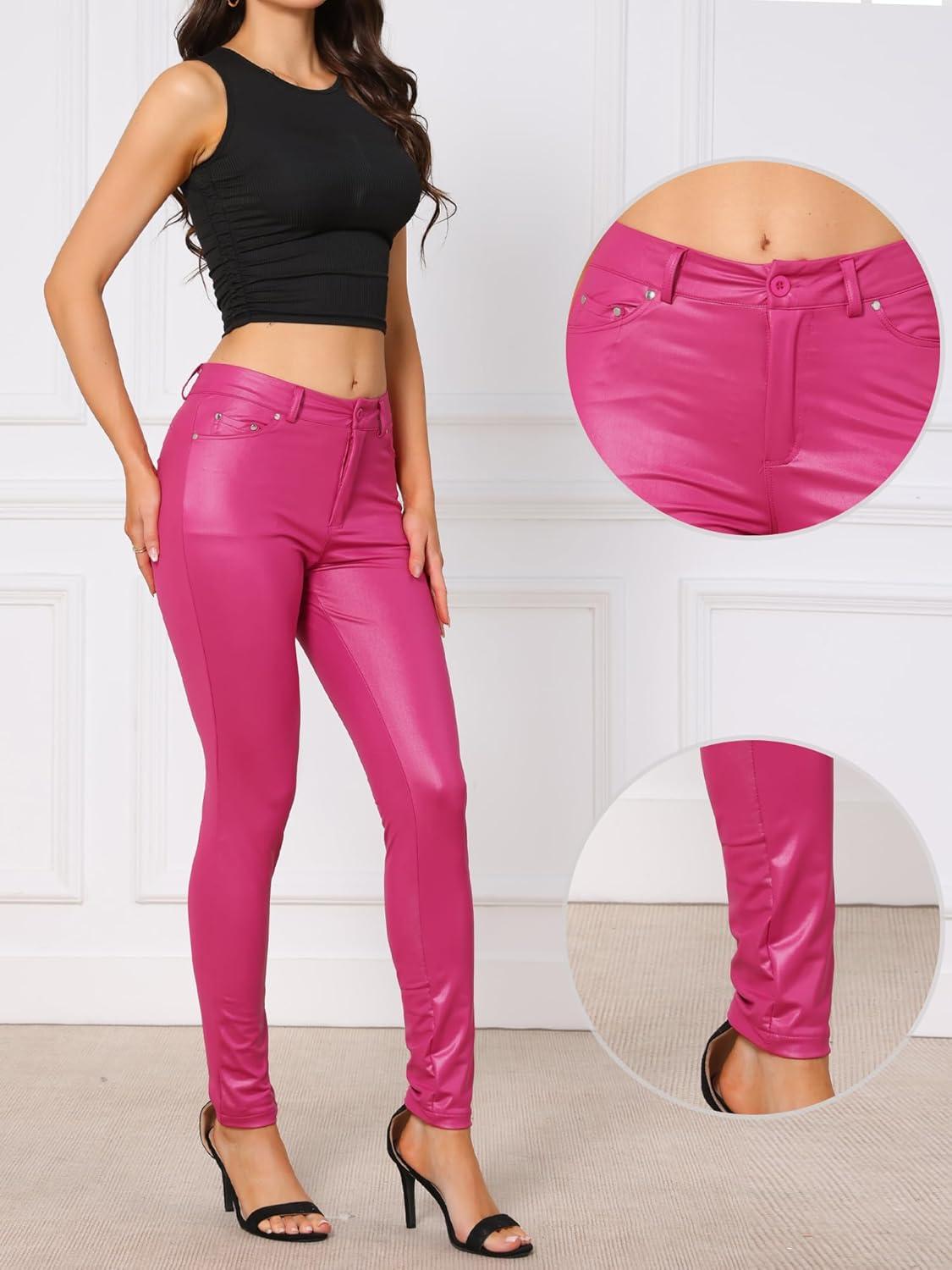 imageAllegra K Faux Leather Pants for Womens High Waist Stretch Slim Fit Motorcycle Legging PantsHot Pink