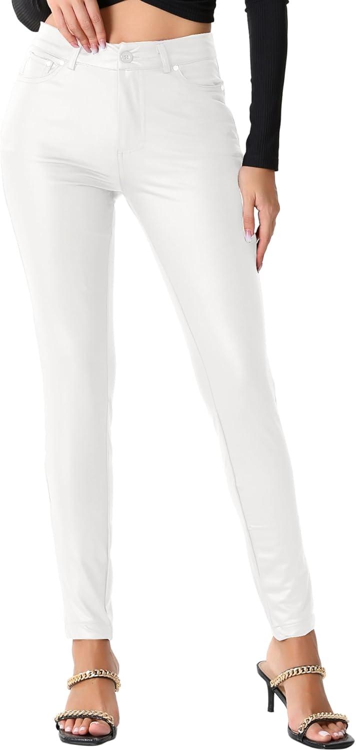 imageAllegra K Faux Leather Pants for Womens High Waist Stretch Slim Fit Motorcycle Legging PantsWhite