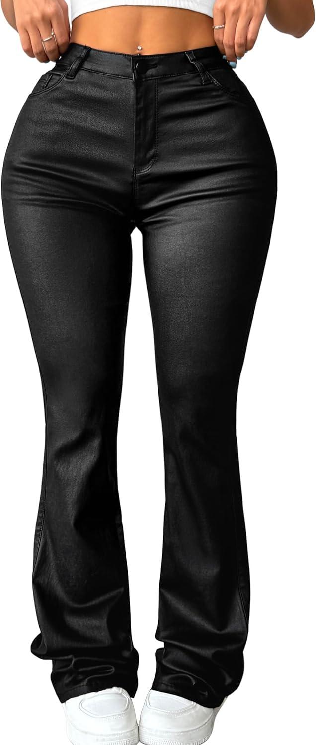 imageAvanova Women Faux Leather Butt Lifting Leggings Flare High Waist Sexy Bell Bottom PantsBlack Kh