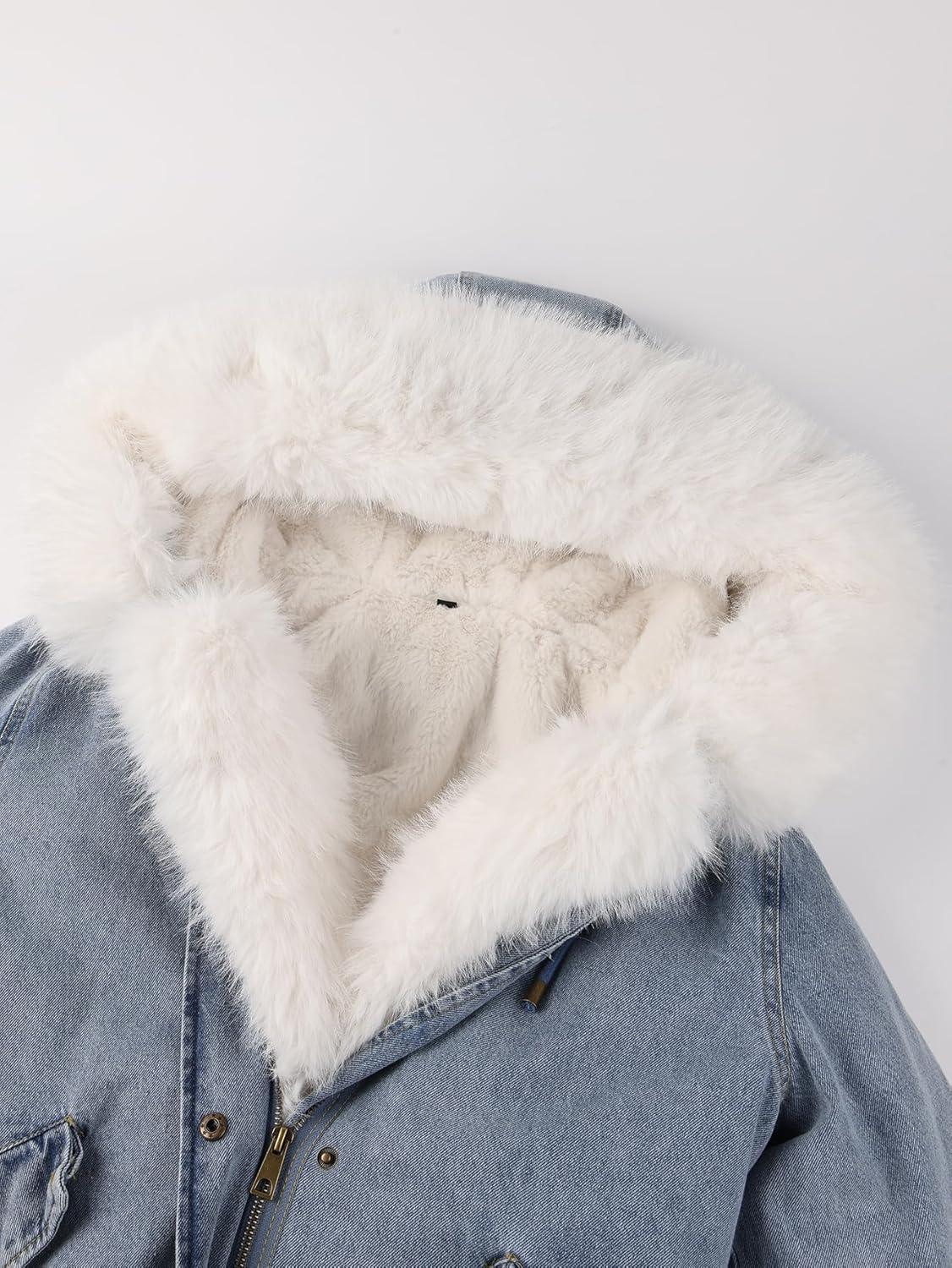 imageBellivera Women Twill Parka Jacket Winter Fashion Warm Long Hood Coat with Faux Fur CollarBeige Sherpa Fleece Jean Jackets