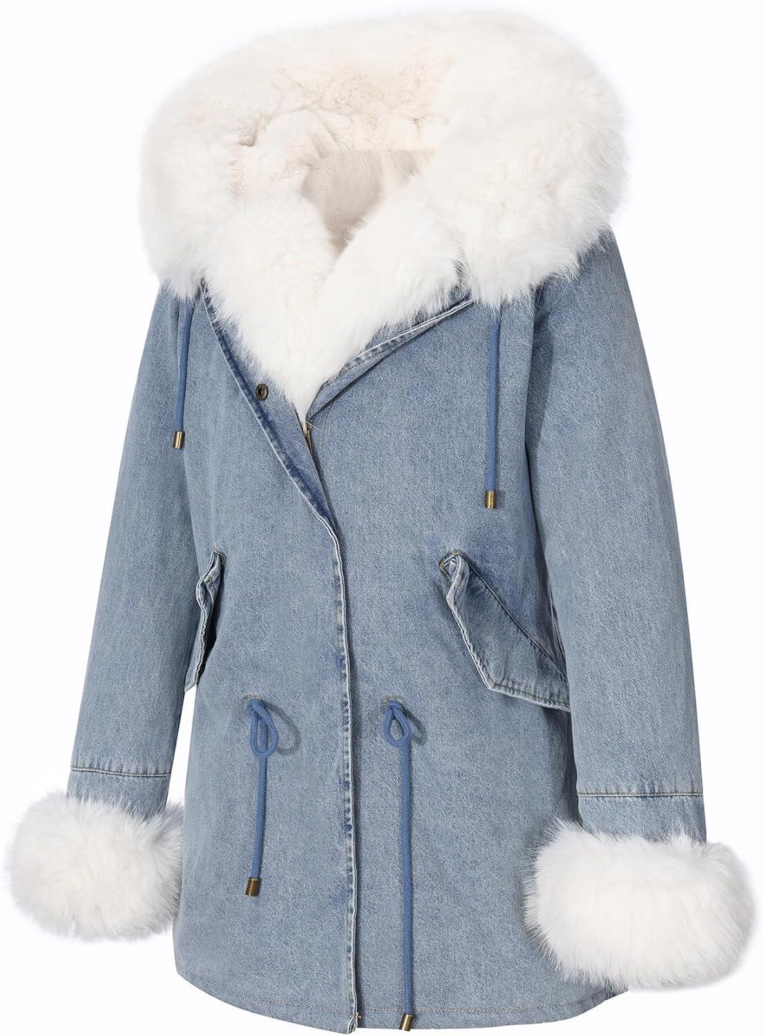 imageBellivera Women Twill Parka Jacket Winter Fashion Warm Long Hood Coat with Faux Fur CollarBeige Sherpa Fleece Jean Jackets