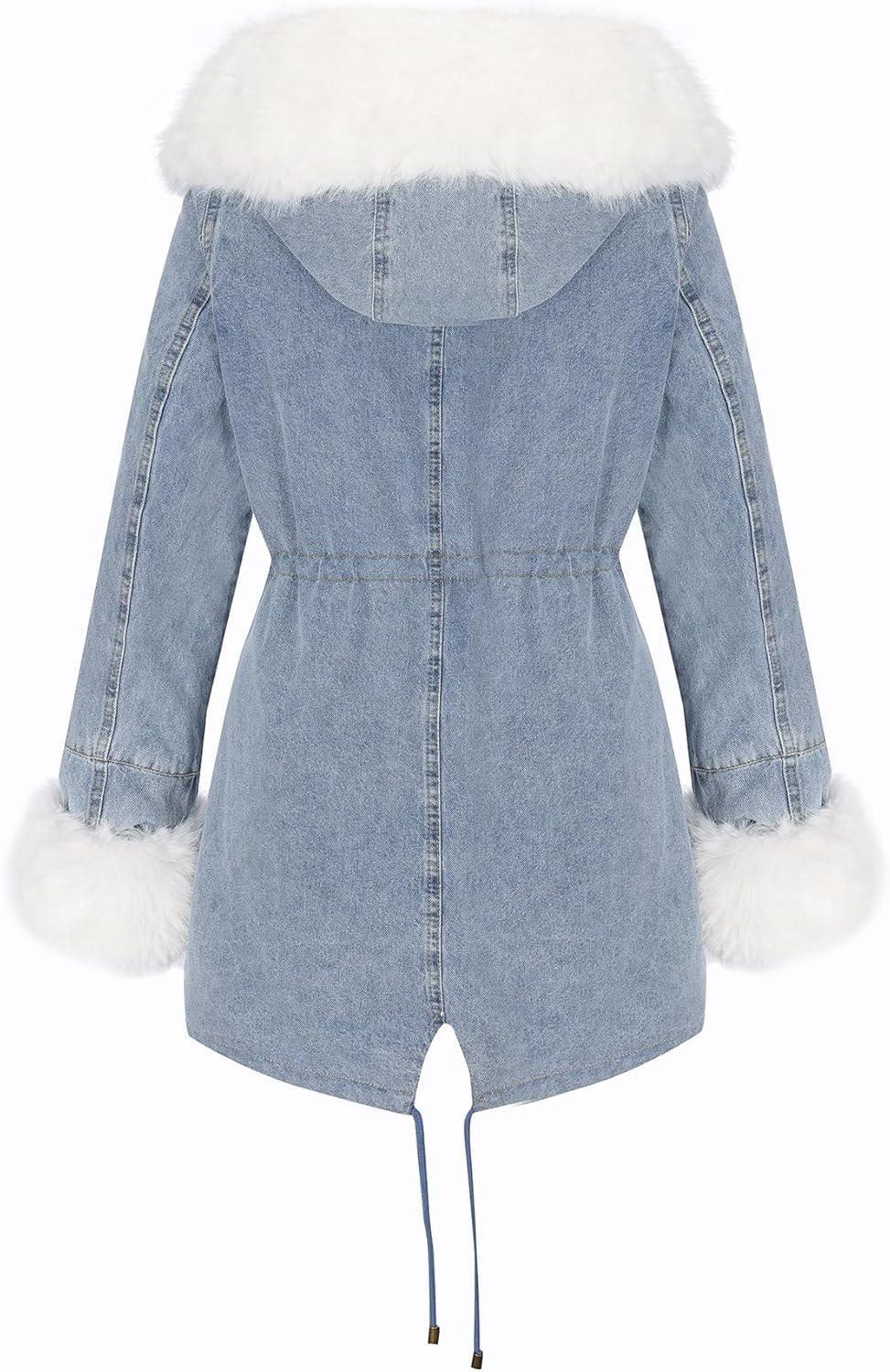 imageBellivera Women Twill Parka Jacket Winter Fashion Warm Long Hood Coat with Faux Fur CollarBeige Sherpa Fleece Jean Jackets