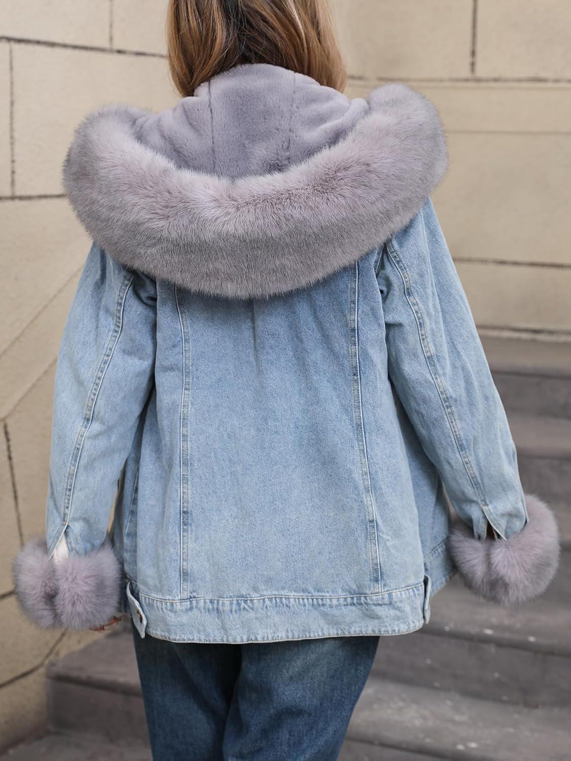 imageBellivera Women Twill Parka Jacket Winter Fashion Warm Long Hood Coat with Faux Fur CollarBlack Faux Fur Jean Outerwear