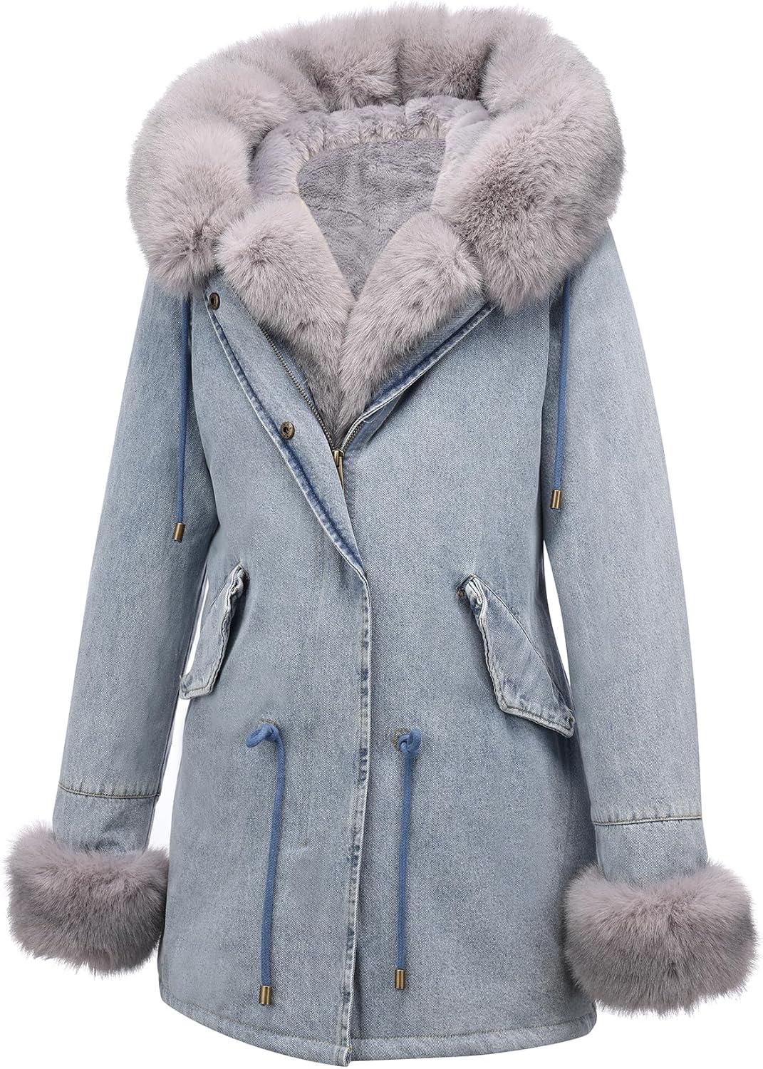 imageBellivera Women Twill Parka Jacket Winter Fashion Warm Long Hood Coat with Faux Fur CollarGrey Sherpa Fleece Jean Jackets