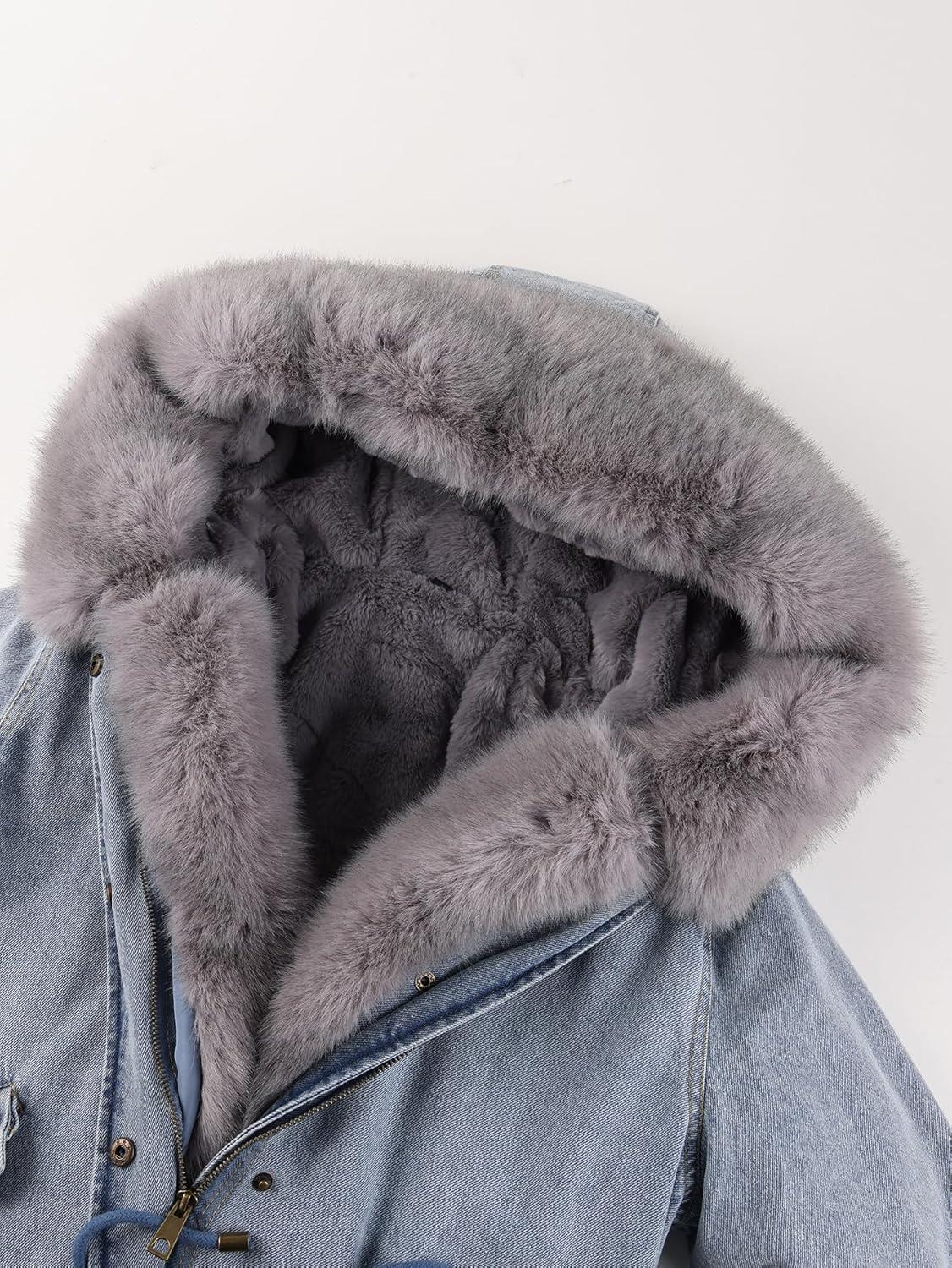 imageBellivera Women Twill Parka Jacket Winter Fashion Warm Long Hood Coat with Faux Fur CollarGrey Sherpa Fleece Jean Jackets