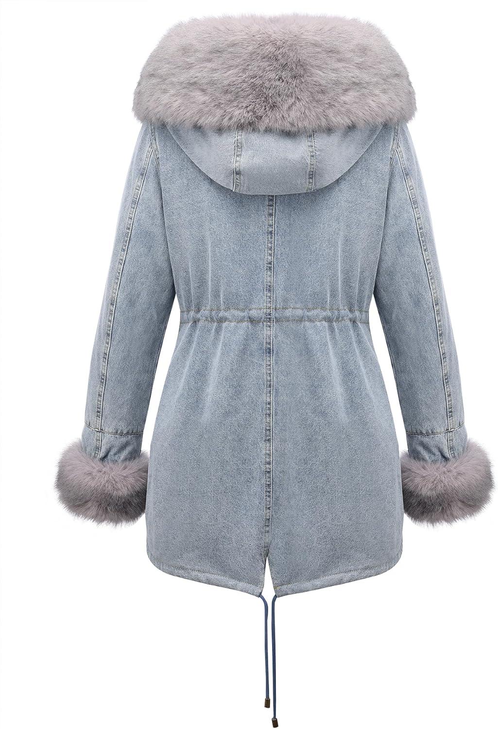 imageBellivera Women Twill Parka Jacket Winter Fashion Warm Long Hood Coat with Faux Fur CollarGrey Sherpa Fleece Jean Jackets