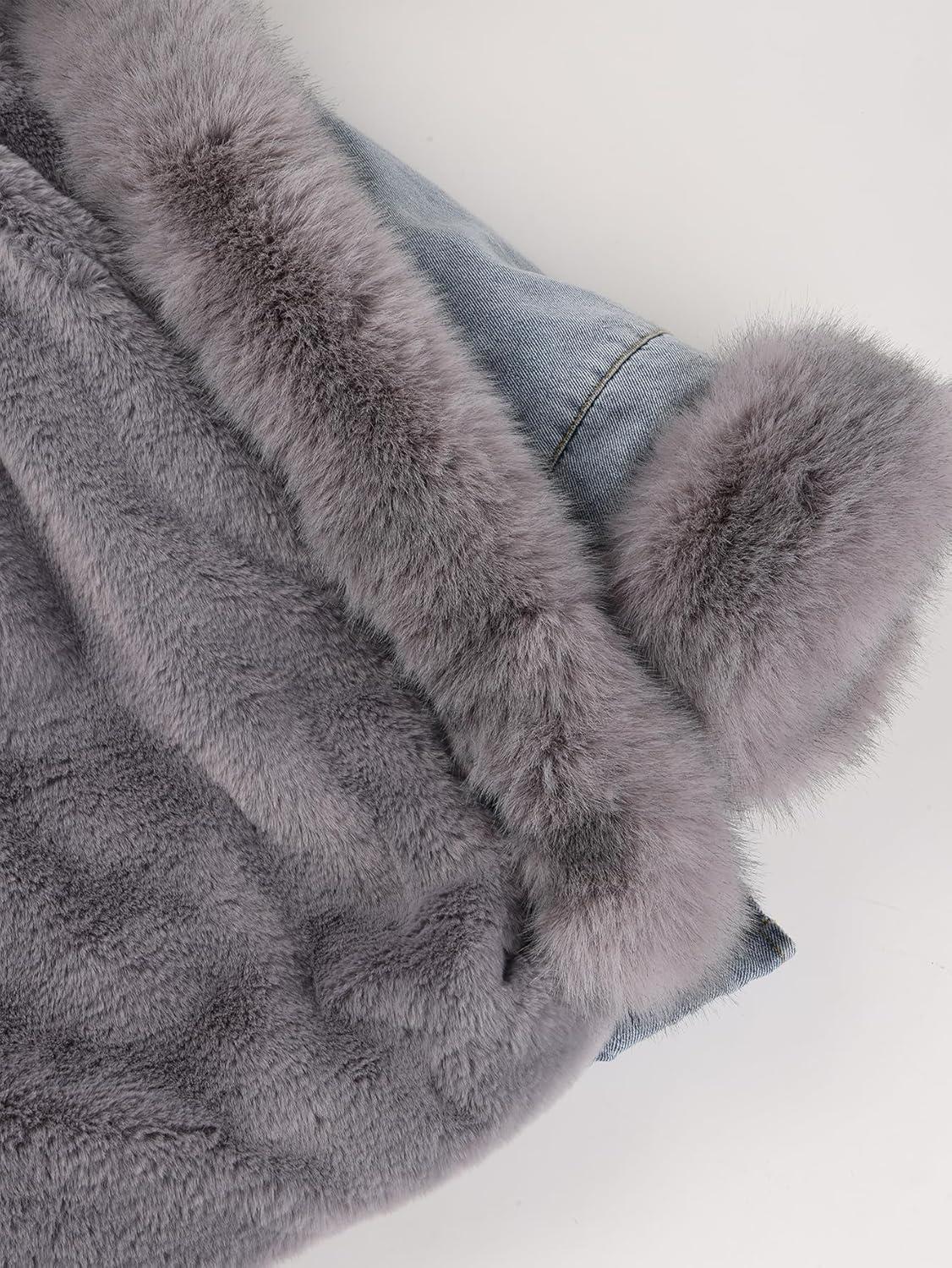 imageBellivera Women Twill Parka Jacket Winter Fashion Warm Long Hood Coat with Faux Fur CollarGrey Sherpa Fleece Jean Jackets