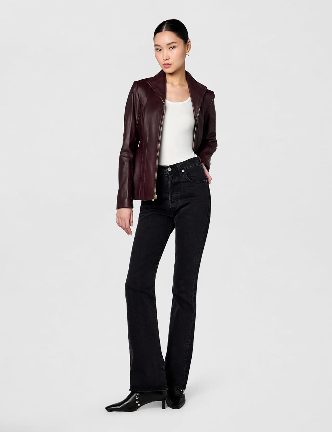 imageCole Haan womens Fully Lined Wing Collar Leather CoatChianti