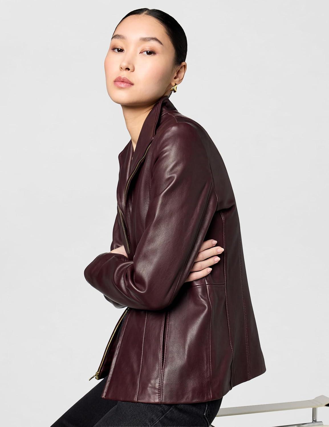 imageCole Haan womens Fully Lined Wing Collar Leather CoatChianti