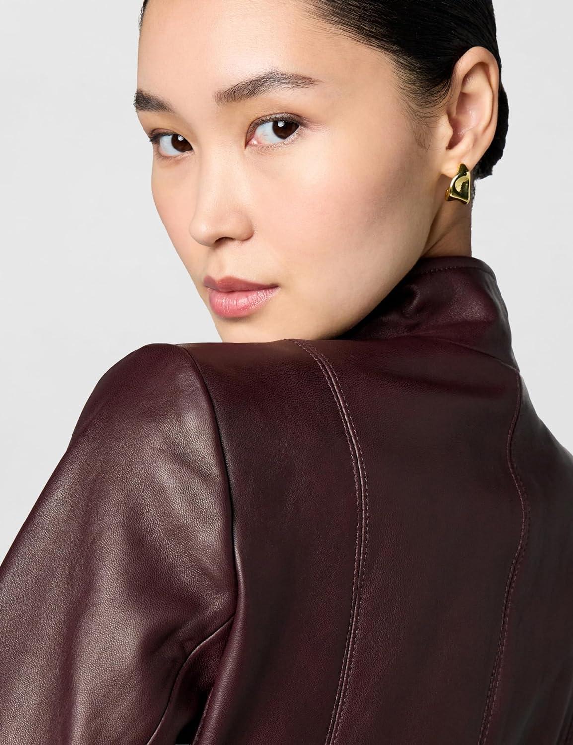 imageCole Haan womens Fully Lined Wing Collar Leather CoatChianti