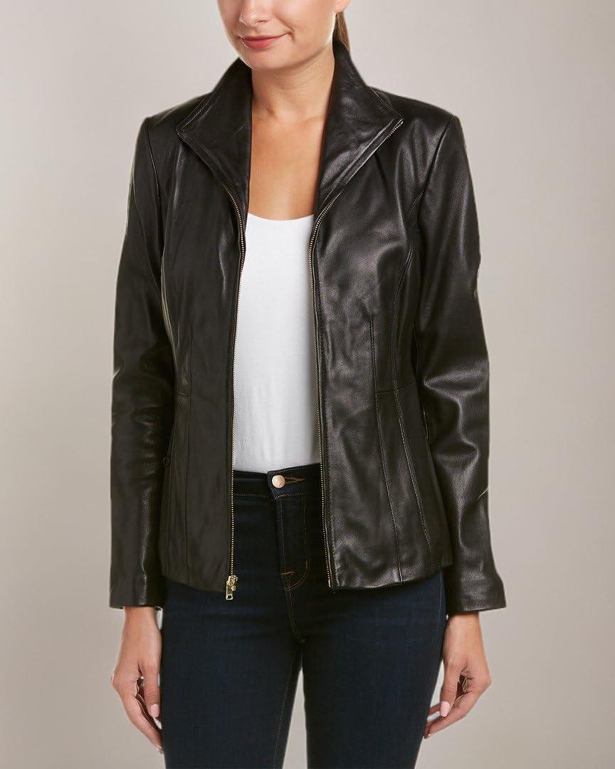 imageCole Haan womens Fully Lined Wing Collar Leather CoatDark Black