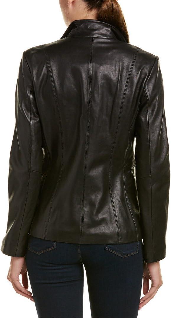 imageCole Haan womens Fully Lined Wing Collar Leather CoatDark Black