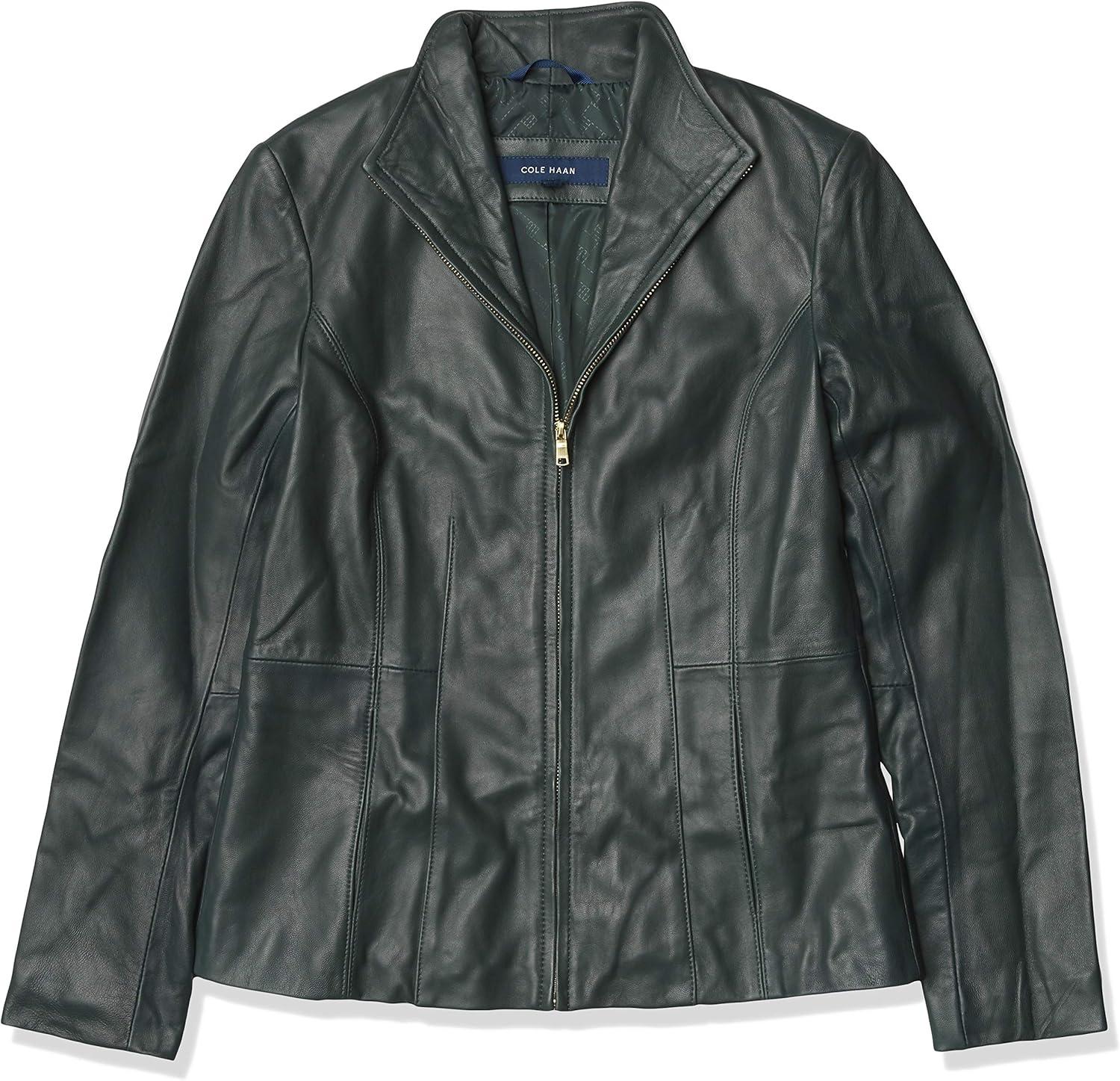 imageCole Haan womens Fully Lined Wing Collar Leather CoatEmerald
