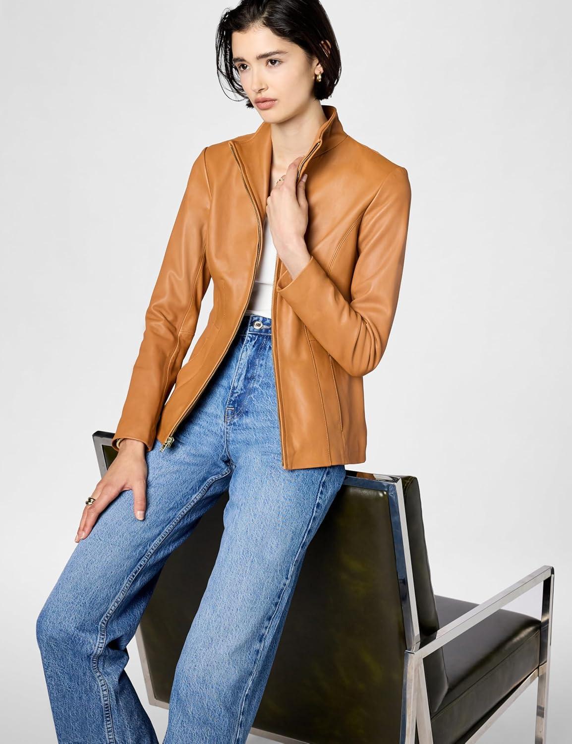 imageCole Haan womens Fully Lined Wing Collar Leather CoatHazelnut