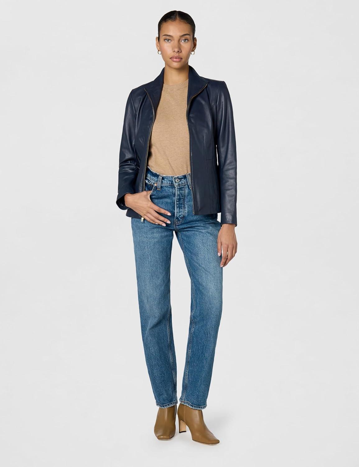 imageCole Haan womens Fully Lined Wing Collar Leather CoatMidnight