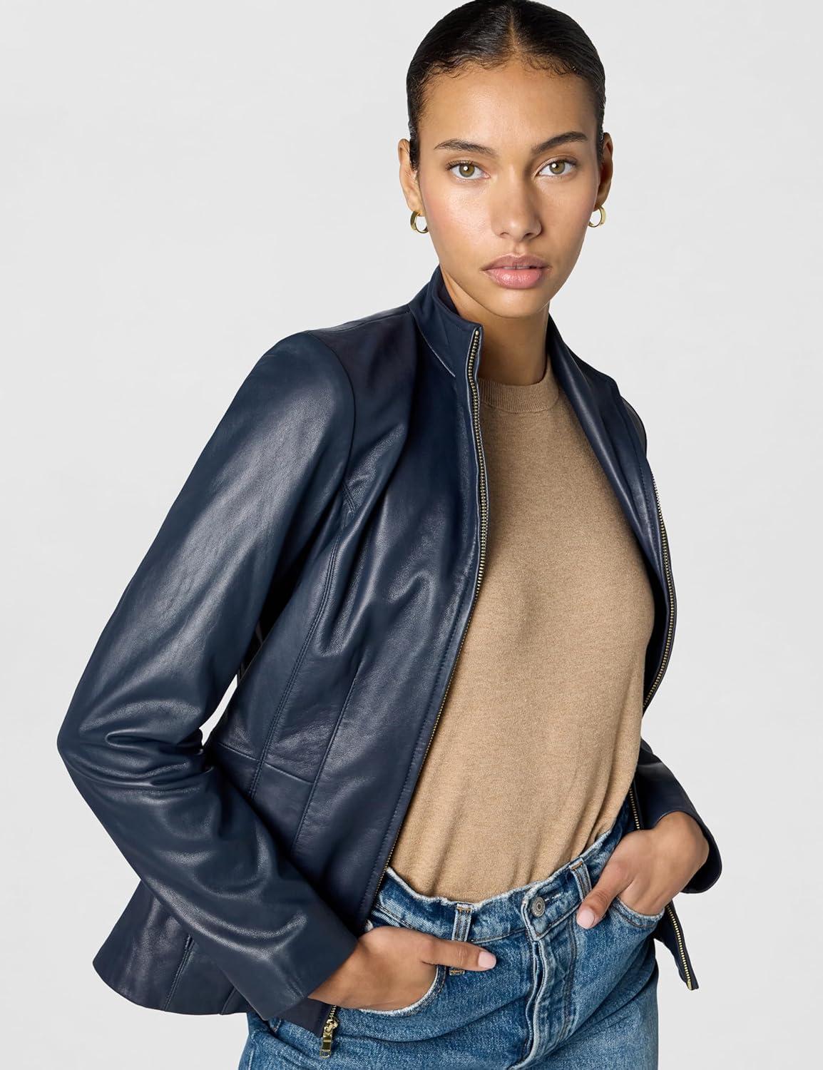 imageCole Haan womens Fully Lined Wing Collar Leather CoatMidnight