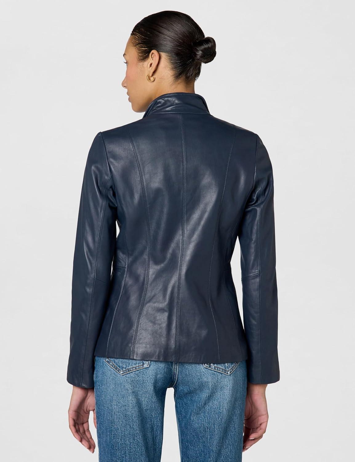 imageCole Haan womens Fully Lined Wing Collar Leather CoatMidnight