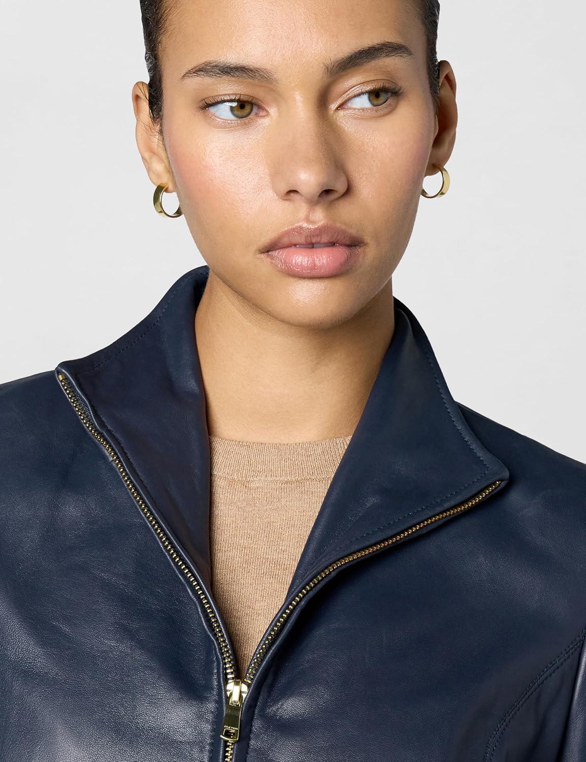imageCole Haan womens Fully Lined Wing Collar Leather CoatMidnight