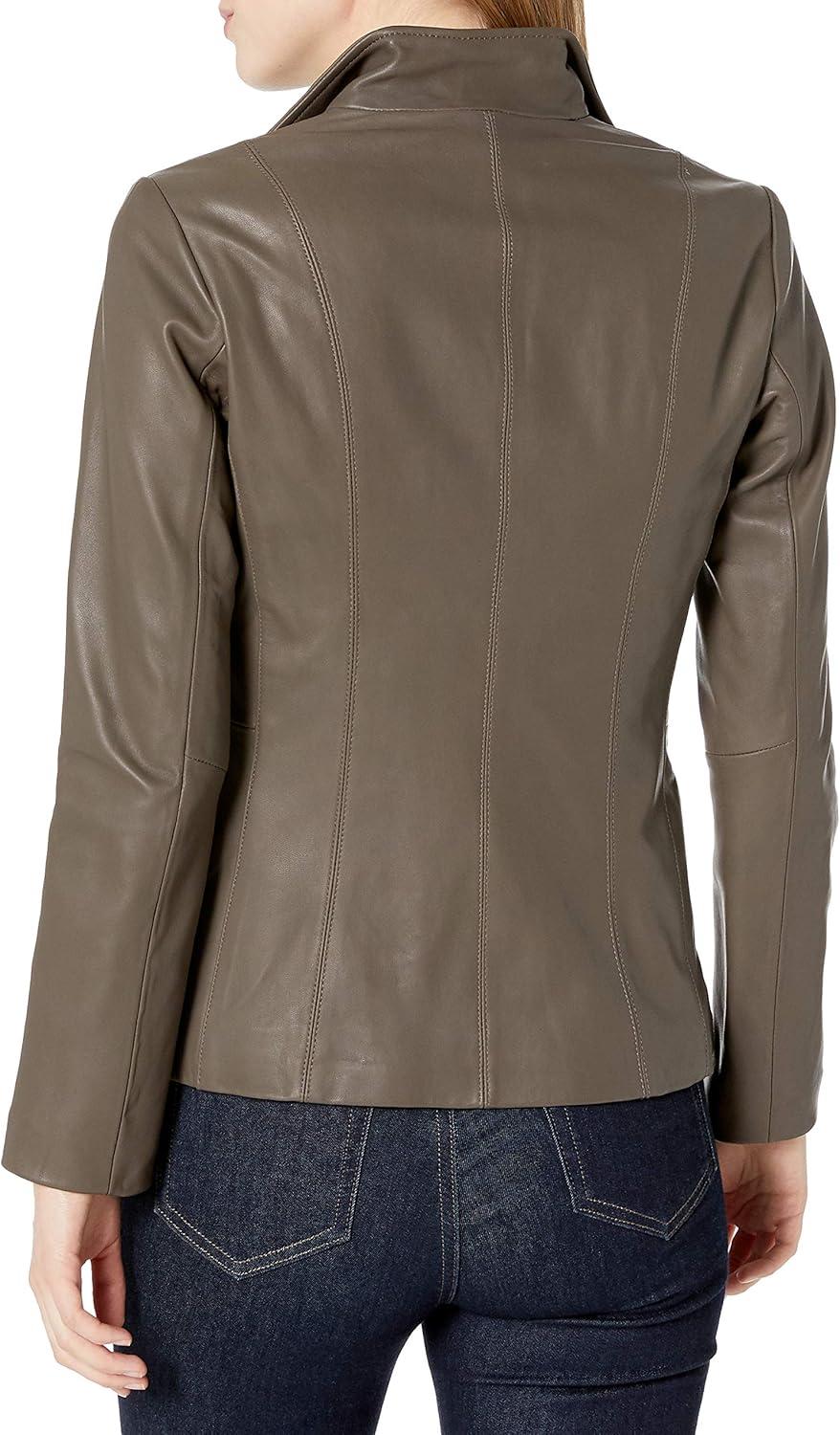 imageCole Haan womens Fully Lined Wing Collar Leather CoatStone