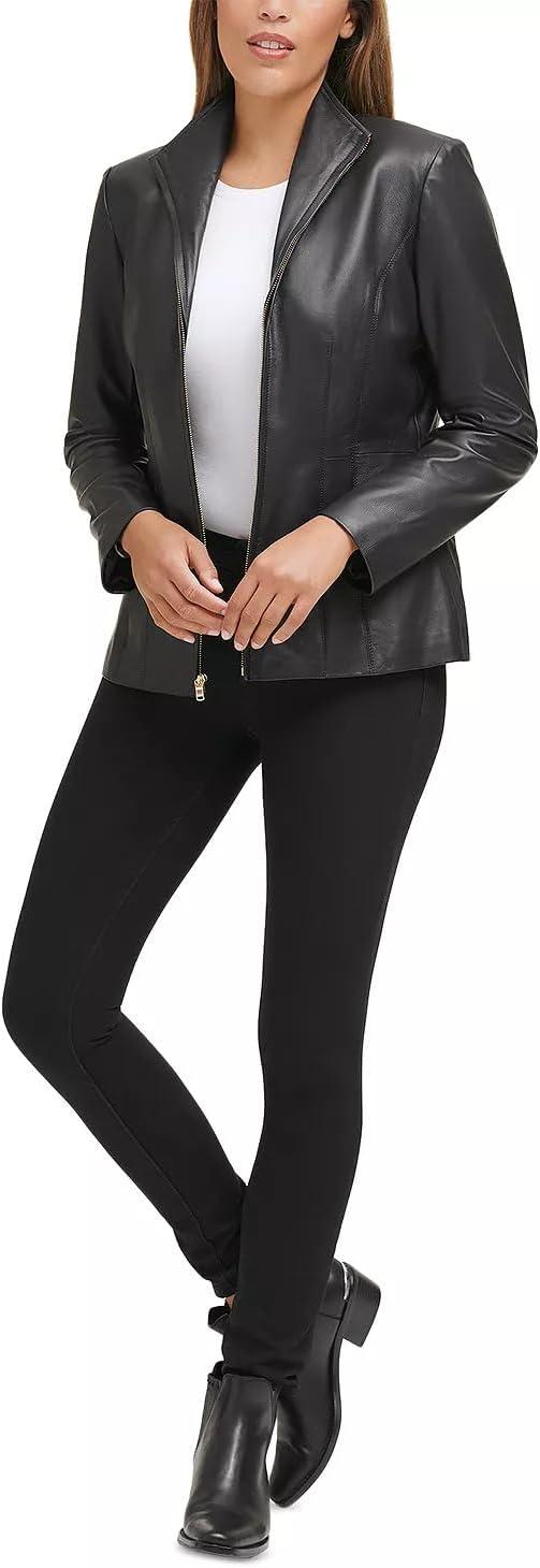 imageCole Haan womens Fully Lined Wing Collar Leather CoatTrue Black
