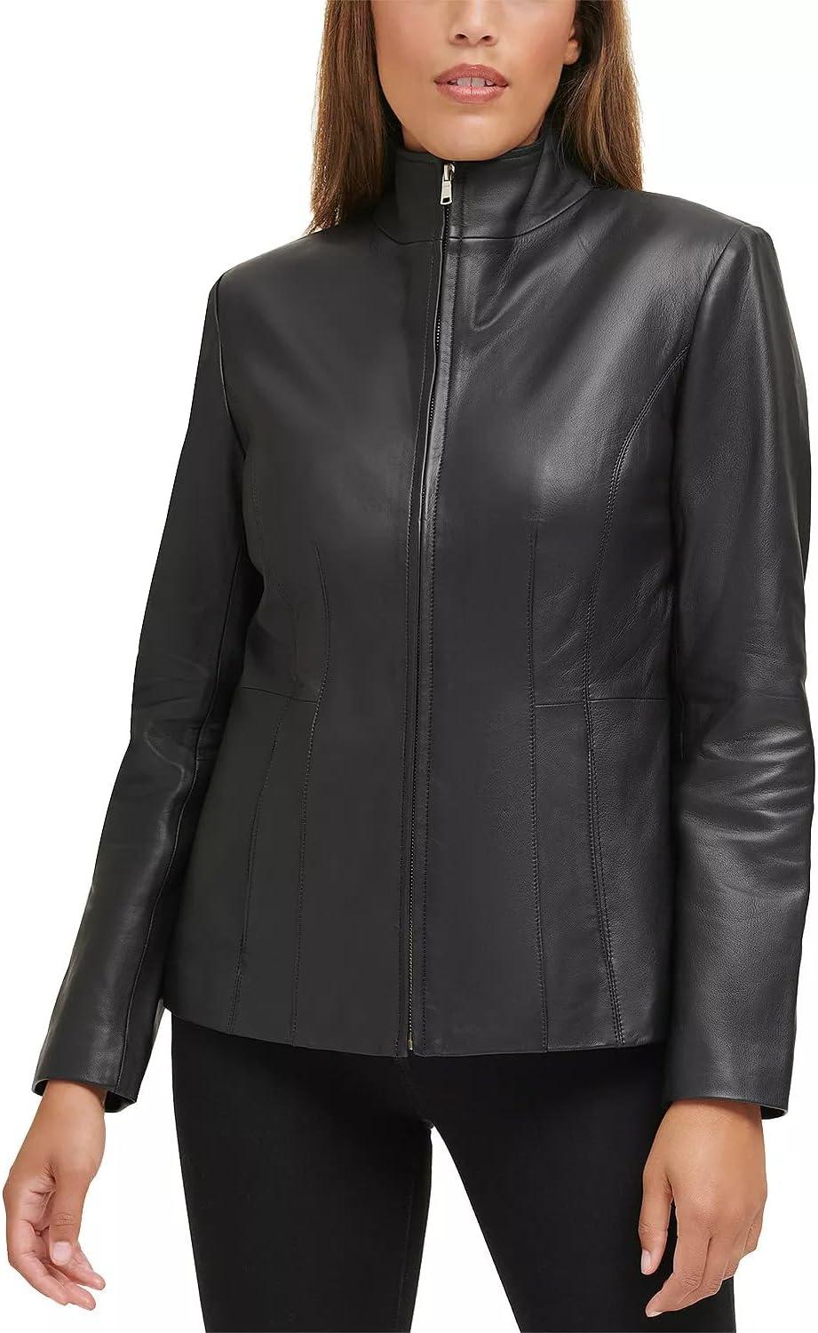 imageCole Haan womens Fully Lined Wing Collar Leather CoatTrue Black