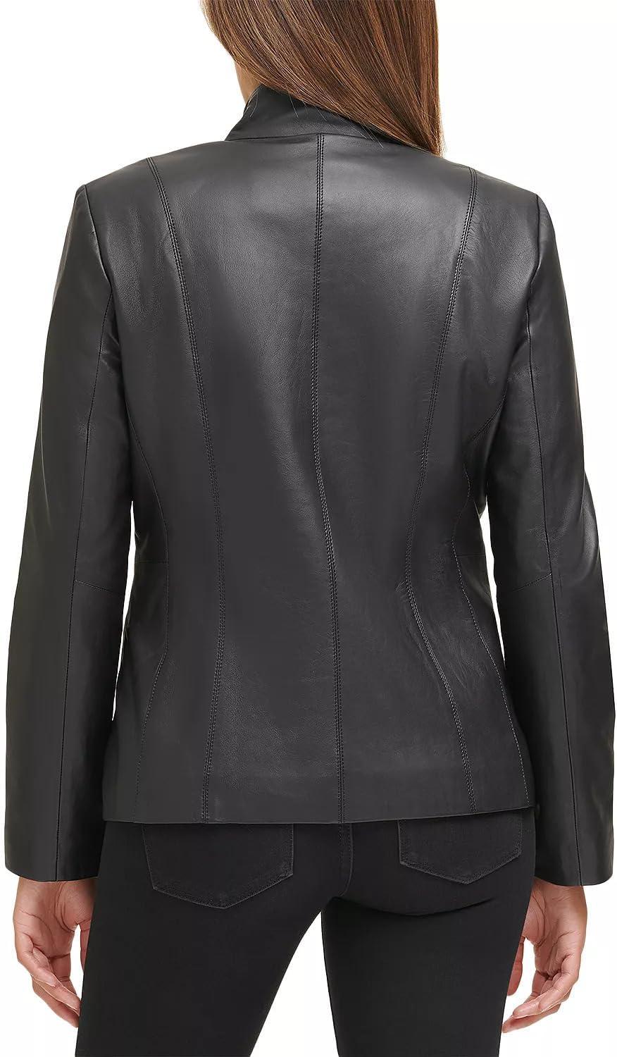 imageCole Haan womens Fully Lined Wing Collar Leather CoatTrue Black