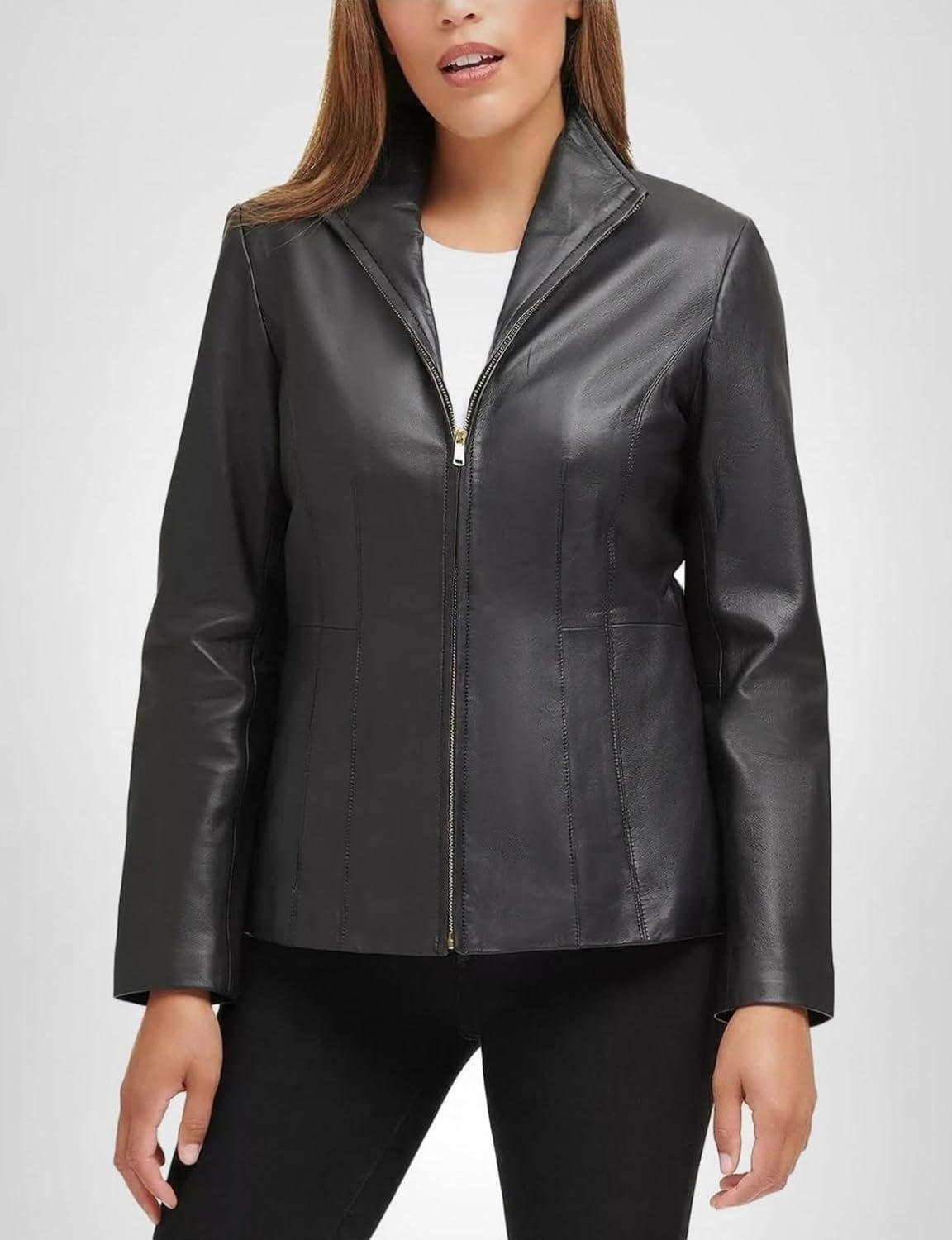 imageCole Haan womens Fully Lined Wing Collar Leather CoatTrue Black